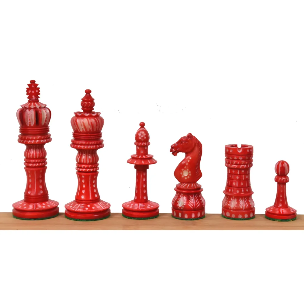 Jeu d'échecs 4.1" en os de chameau sculpté à la main - Pièces d'échecs uniquement - Cramoisi et blanc