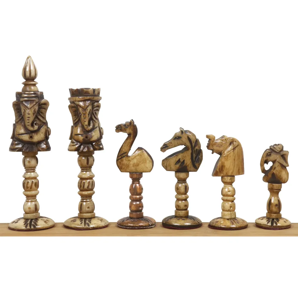 Jeu d'échecs de luxe 4.2" Lord Ganesh Series - Pièces d'échecs uniquement - Os de chameau antique et fragile