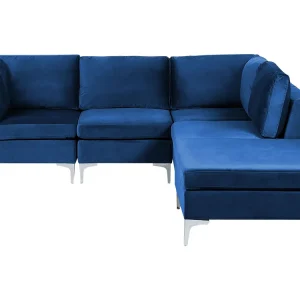 Left Hand 4 Seater Assemblable Velvet Corner Sofa Ottoman Blue EVJA