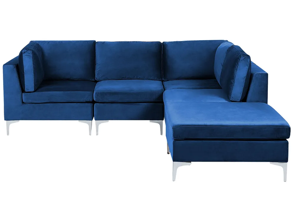 Left Hand 4 Seater Assemblable Velvet Corner Sofa Ottoman Blue EVJA