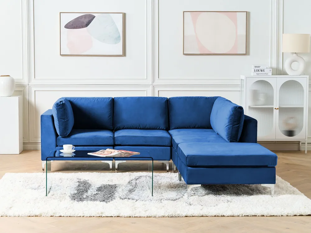 Left Hand 4 Seater Assemblable Velvet Corner Sofa Ottoman Blue EVJA