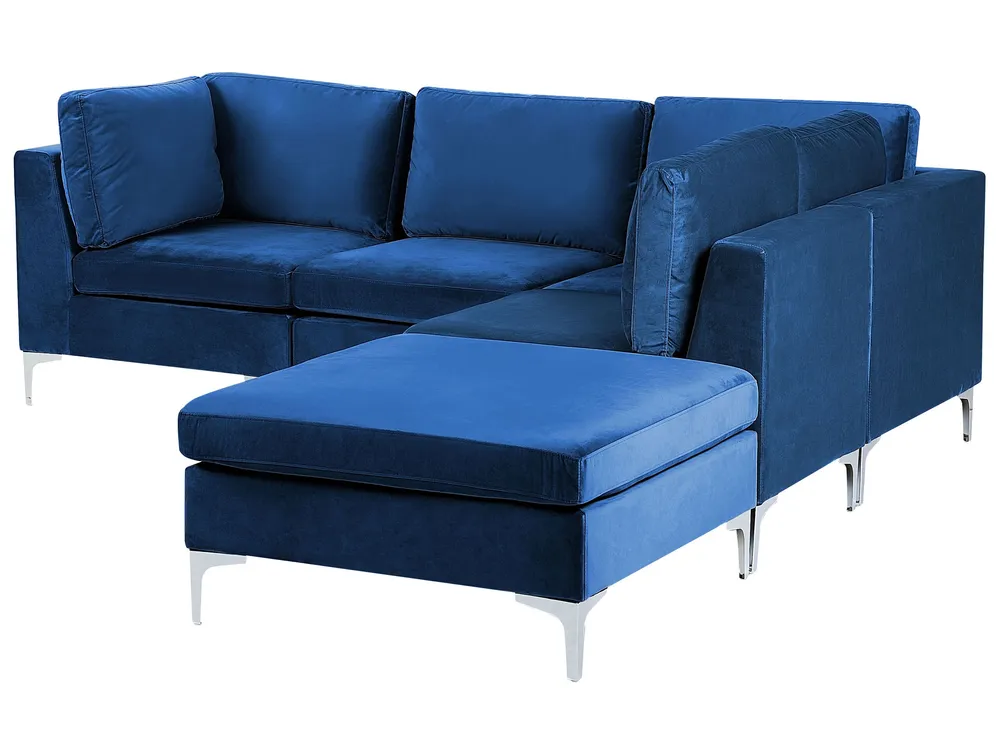 Left Hand 4 Seater Assemblable Velvet Corner Sofa Ottoman Blue EVJA