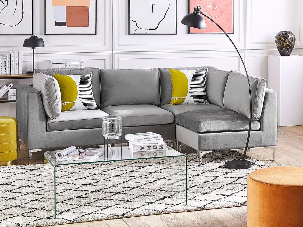 Left Hand 4 Seater Modular Panne Corner Sofa Grey EVJA