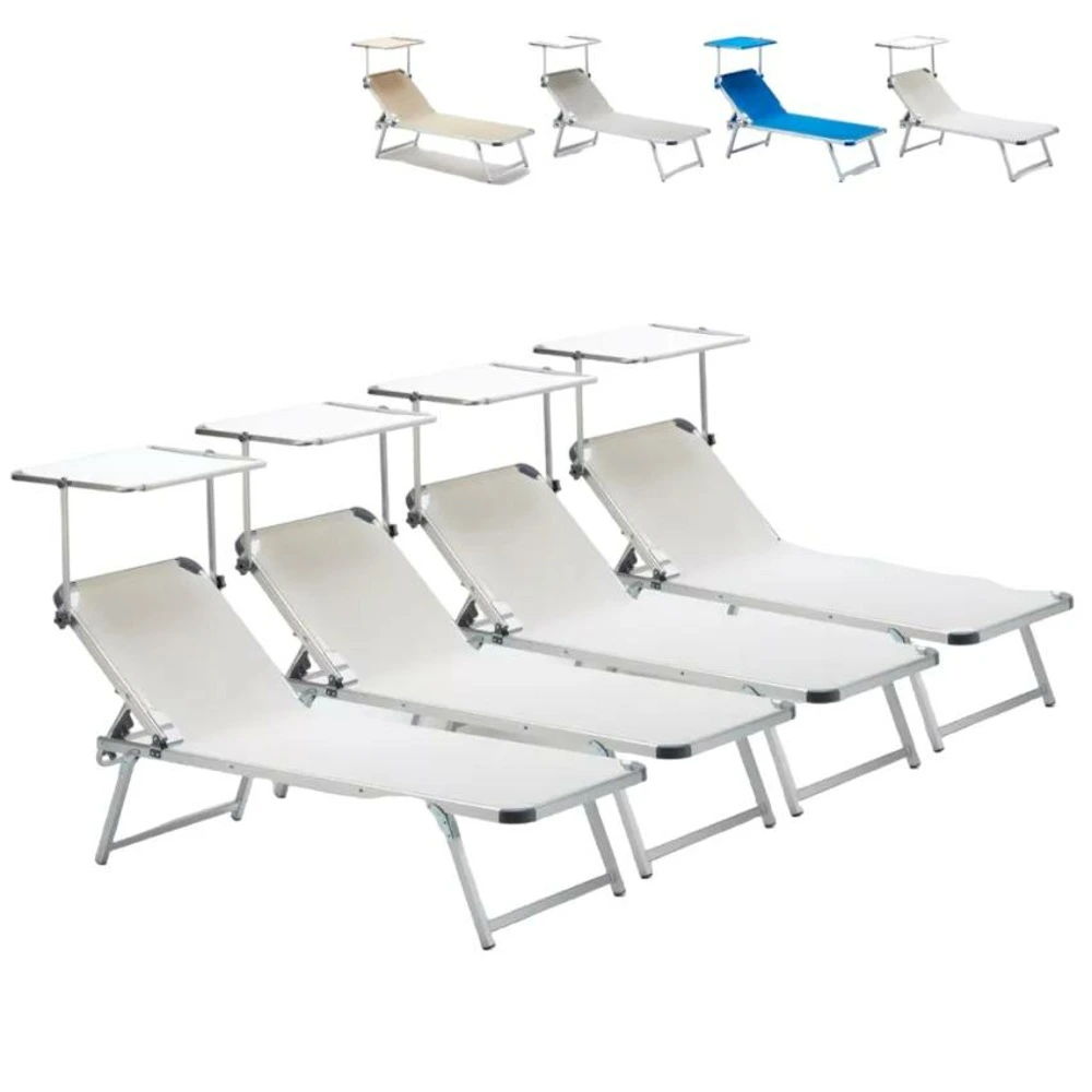 Lot de 4 transat de plage bain de soleil avec pare-soleil catcool