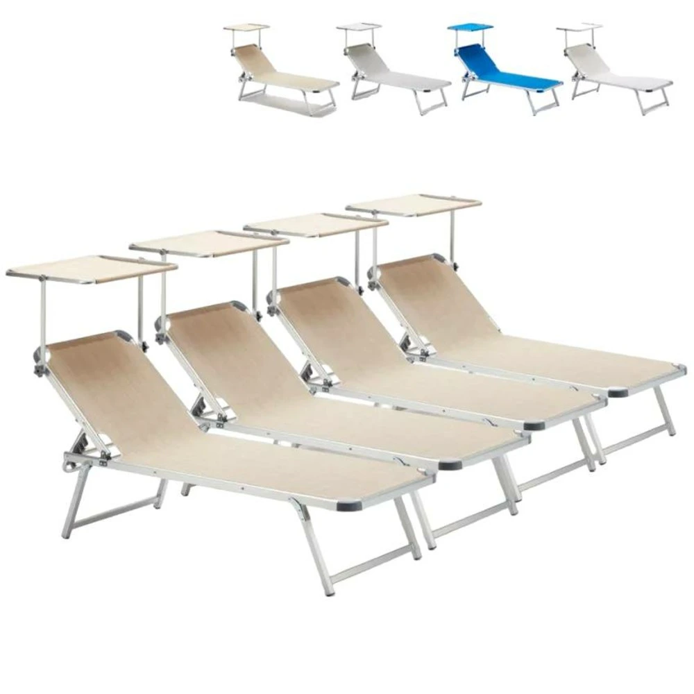 Lot de 4 transat de plage bain de soleil avec pare-soleil catcool
