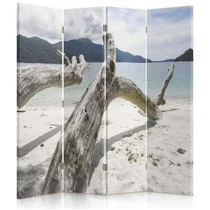 Paravent arbre branches sur une plage tropicale 4 volets - 145 x 180 cm - 2 faces R° V°