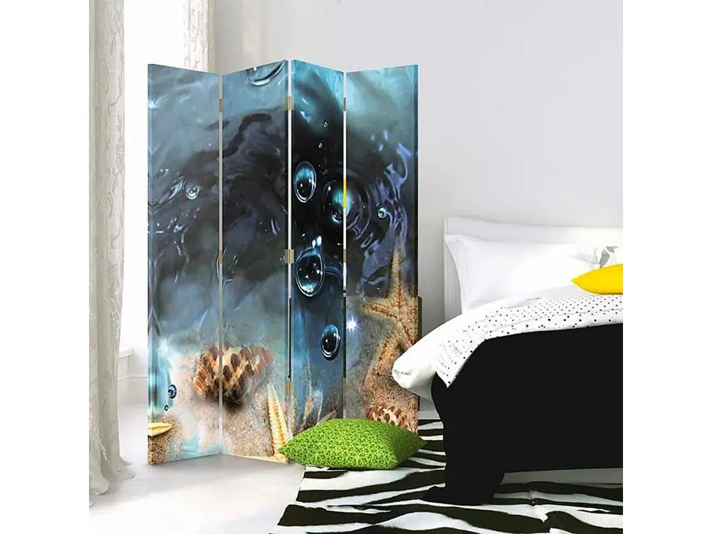Paravent étoile de mer 4 panneaux 4 volets - 145 x 150 cm - 1 face déco, 1 face noir