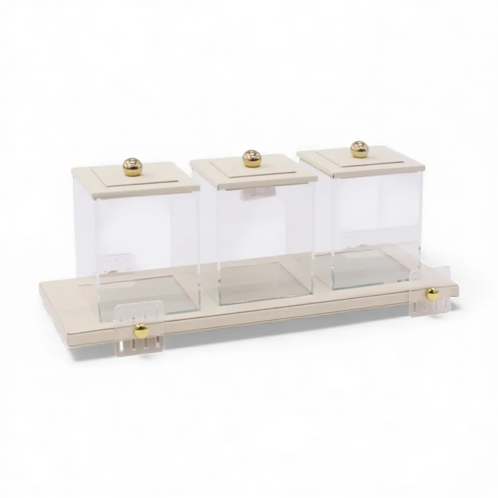 4 Piece Leather Canister Set Cream