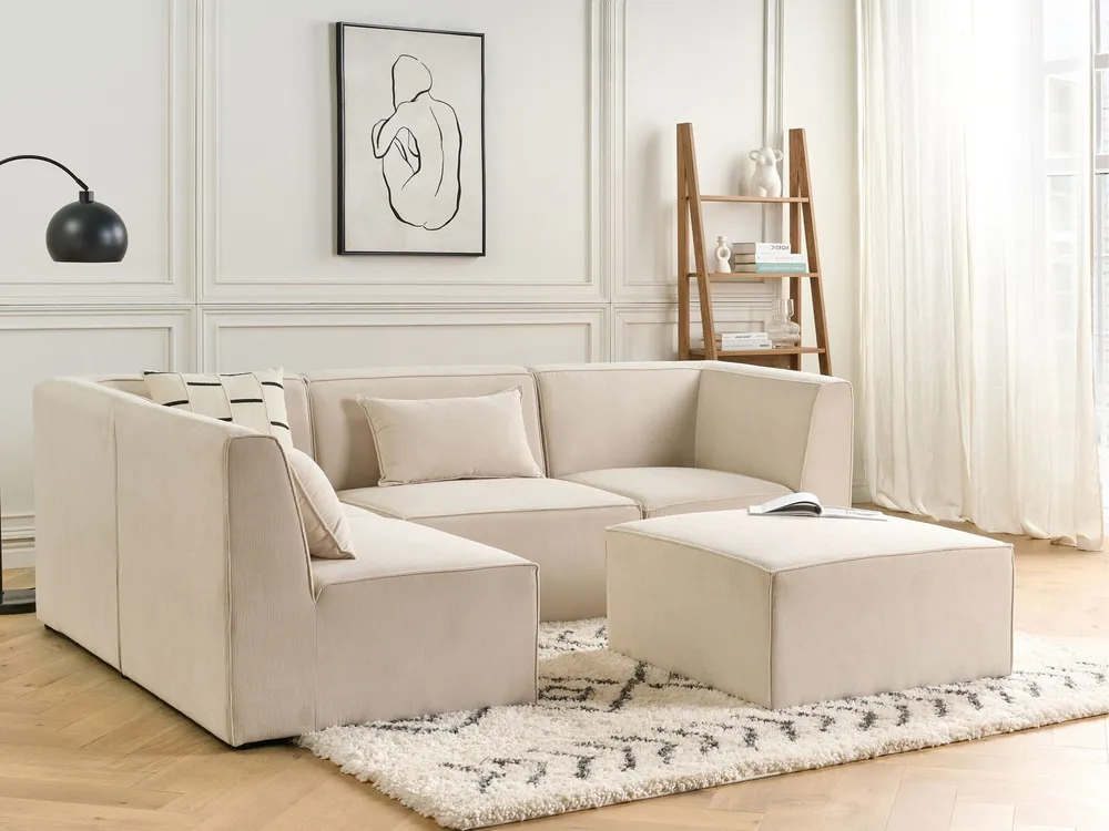 Right Hand 4 Seater Assemblable Jumbo Cord Corner Sofa Ottoman Beige LEMVIG