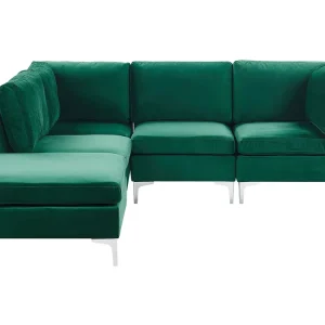 Right Hand 4 Seater Modular Velours Corner Sofa Ottoman Green EVJA