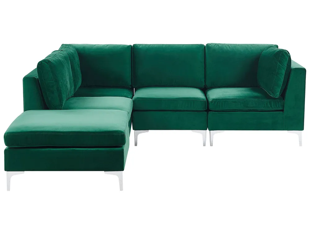 Right Hand 4 Seater Modular Velours Corner Sofa Ottoman Green EVJA