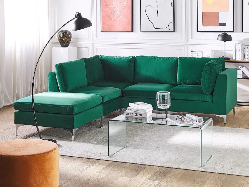 Right Hand 4 Seater Modular Velours Corner Sofa Ottoman Green EVJA