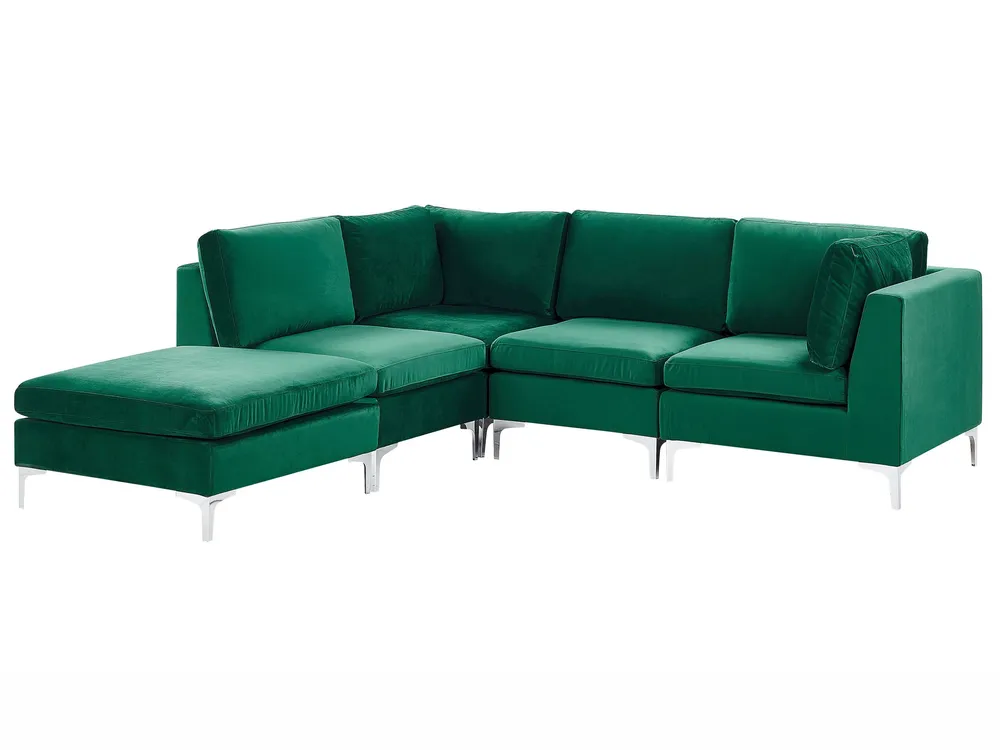 Right Hand 4 Seater Modular Velours Corner Sofa Ottoman Green EVJA