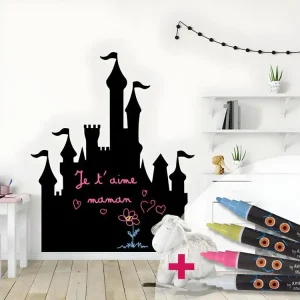 Sticker ardoise tableau noir - stickers muraux adhésif effaçable - CHÂTEAU DE PRINCESSE + 4 CRAIES LIQUIDES - 140x115cm
