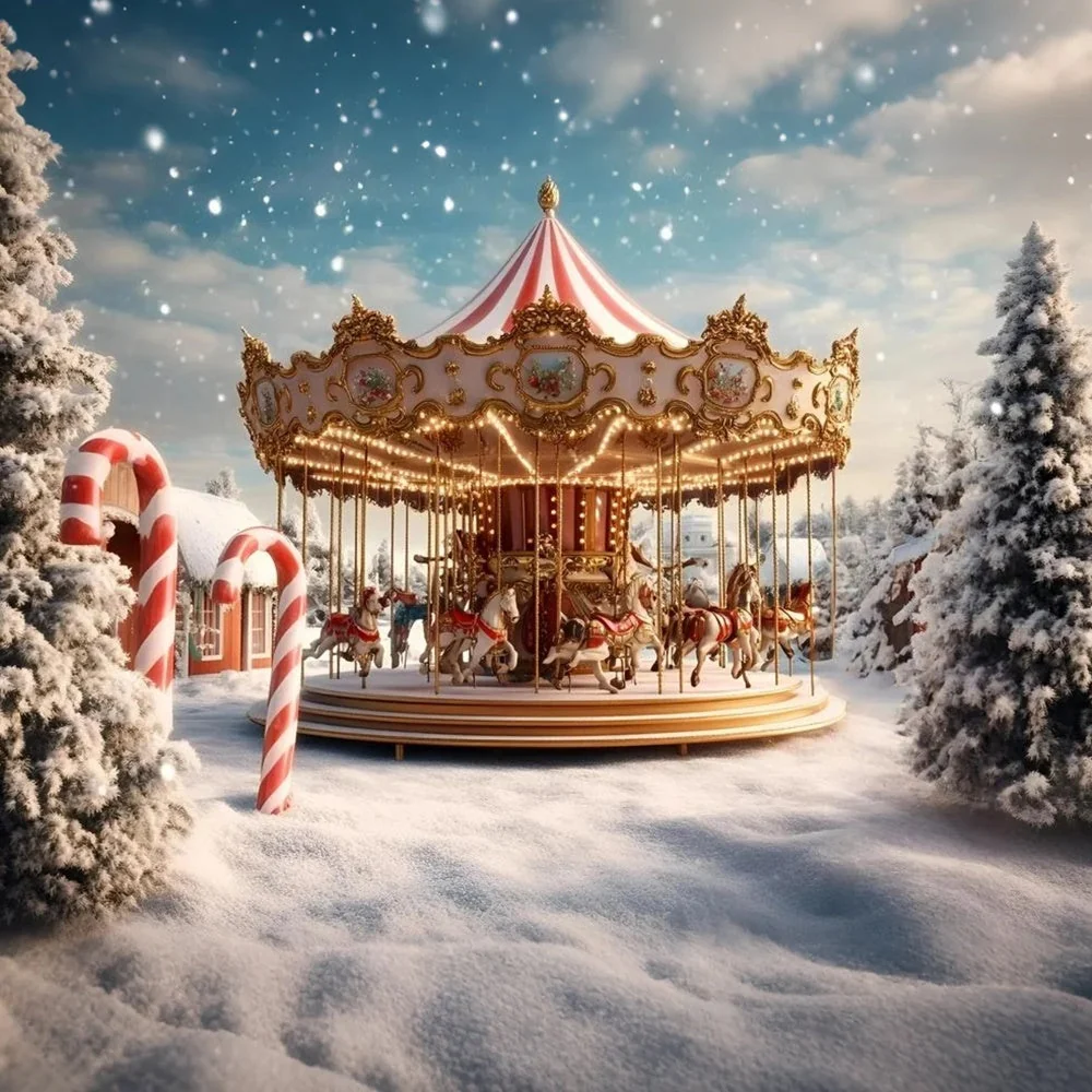 Toile de fond Carnaval Carrousel Hivernal Neige Noël GQ5-114
