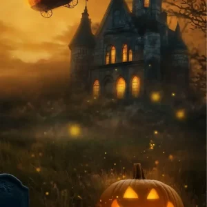 Toile De Fond Halloween Cimetière Carrosse Citrouille Volant Au-Dessus Château Effrayant TWW58-44
