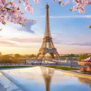 Toile de fond Paris Ville Française Tour Eiffel Carrousel Fleurs LXX59-33