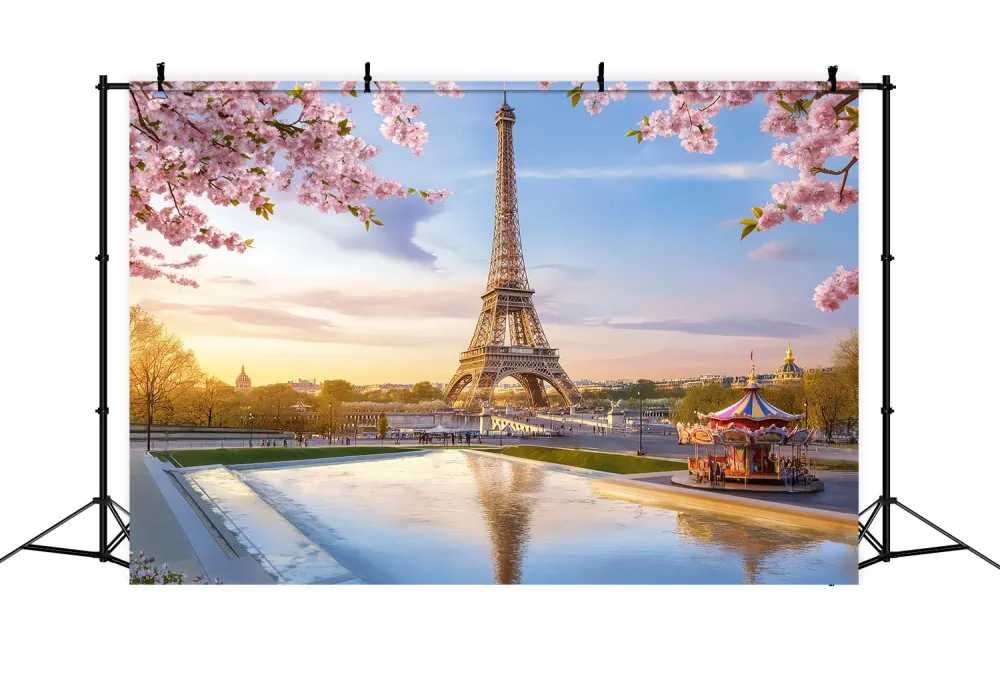 Toile de fond Paris Ville Française Tour Eiffel Carrousel Fleurs LXX59-33
