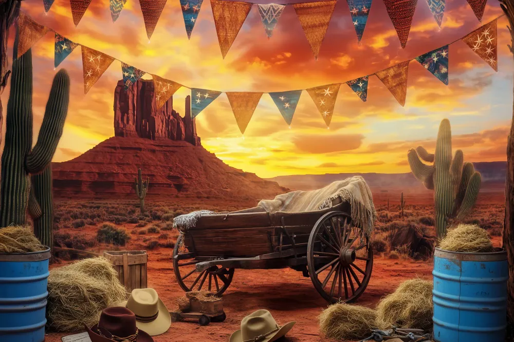 Toile de fond Photo Automne Cactus Chariot Désert Coucher Soleil LXX58-190