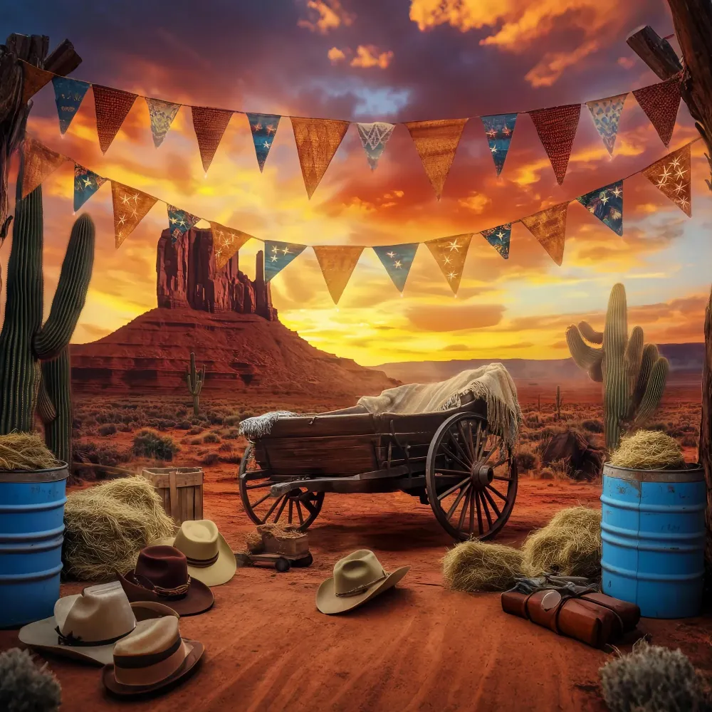 Toile de fond Photo Automne Cactus Chariot Désert Coucher Soleil LXX58-190