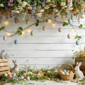 Toile de fond Photo Fleur Jardin Lapin Œufs Pastel CSH61-144