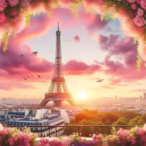 Toile de fond Tour Eiffel Paris Ciel Rose Cadre Fleuri GQ4-61