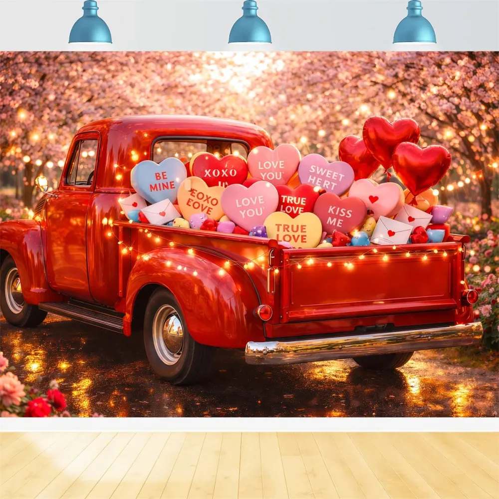 Toiles de fond pour la Saint-Valentin Camion vieux Toile de fond en forme de cœur avec des bonbons LXX512-172