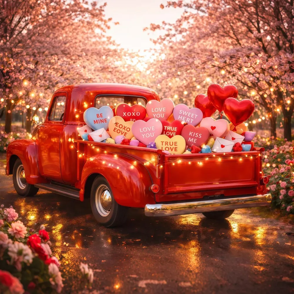 Toiles de fond pour la Saint-Valentin Camion vieux Toile de fond en forme de cœur avec des bonbons LXX512-172