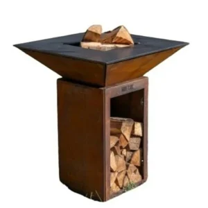 Pack printemps braséro plancha avec meuble range bois en corten 74x74x90 barbecue d'extérieur grill'chic