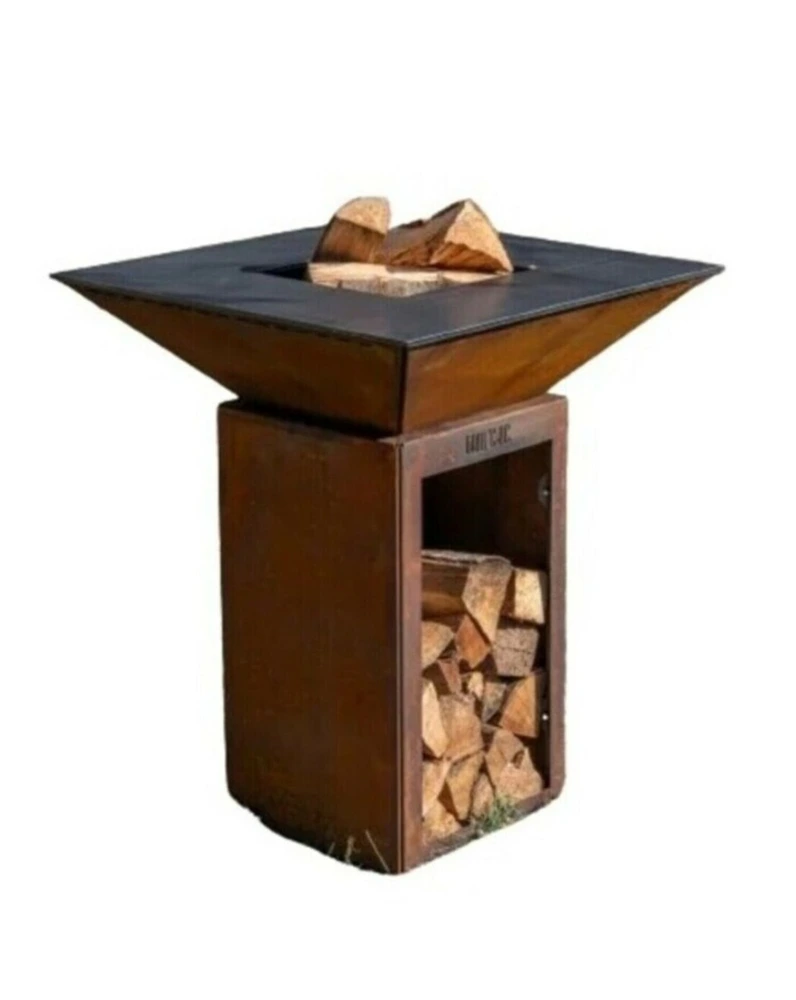 Pack printemps braséro plancha avec meuble range bois en corten 74x74x90 barbecue d'extérieur grill'chic