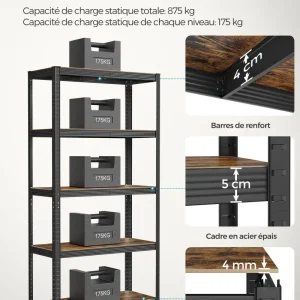 Étagère charge lourde métallique 180 x 90 x 40 cm 5 niveaux charge totale 875 kg (175 kg/niveau) étagère de rangement plan...
