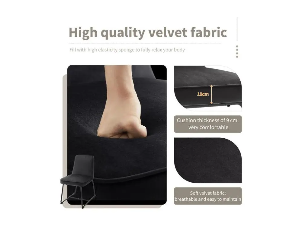 Lot de 6 Chaises rembourrées en velours - structure en métal noir - Noir Facile à installer