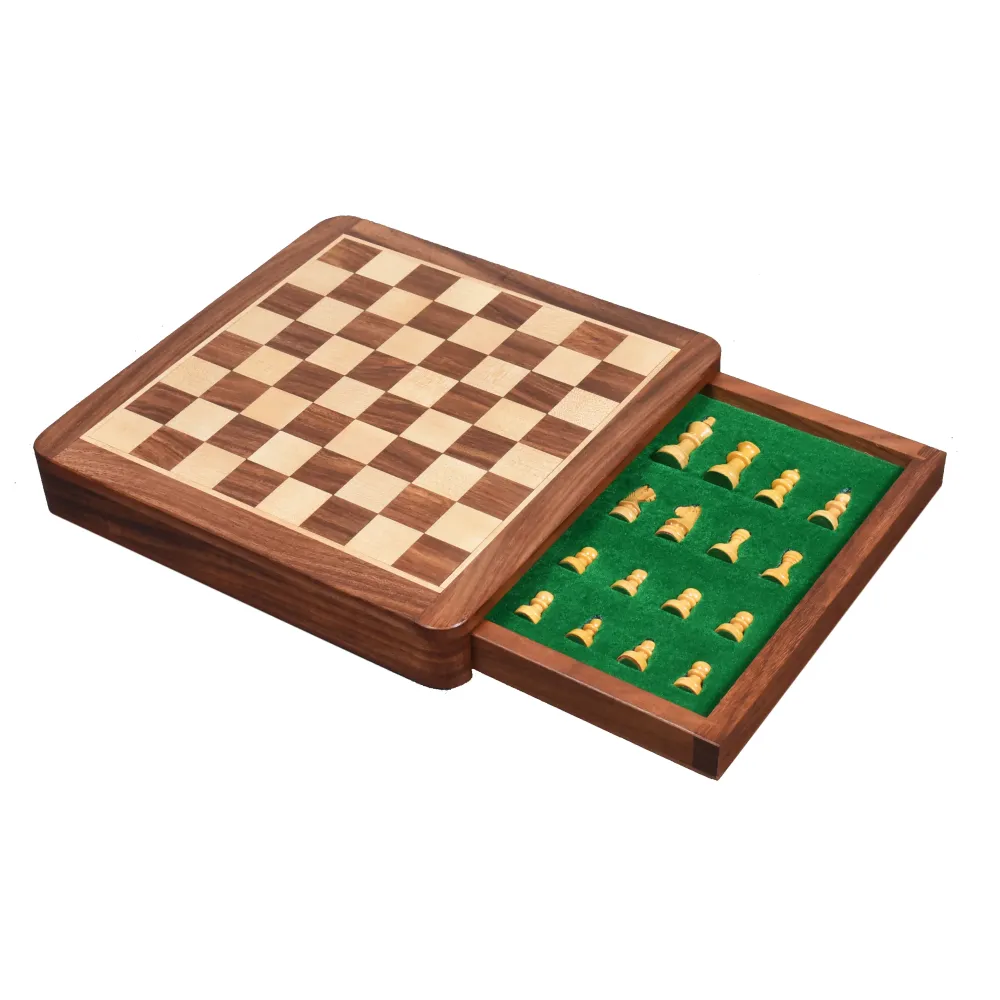 Gros jeu d'échecs de voyage 10 pouces avec tiroir - Jeu magnétique - Bois de rose doré