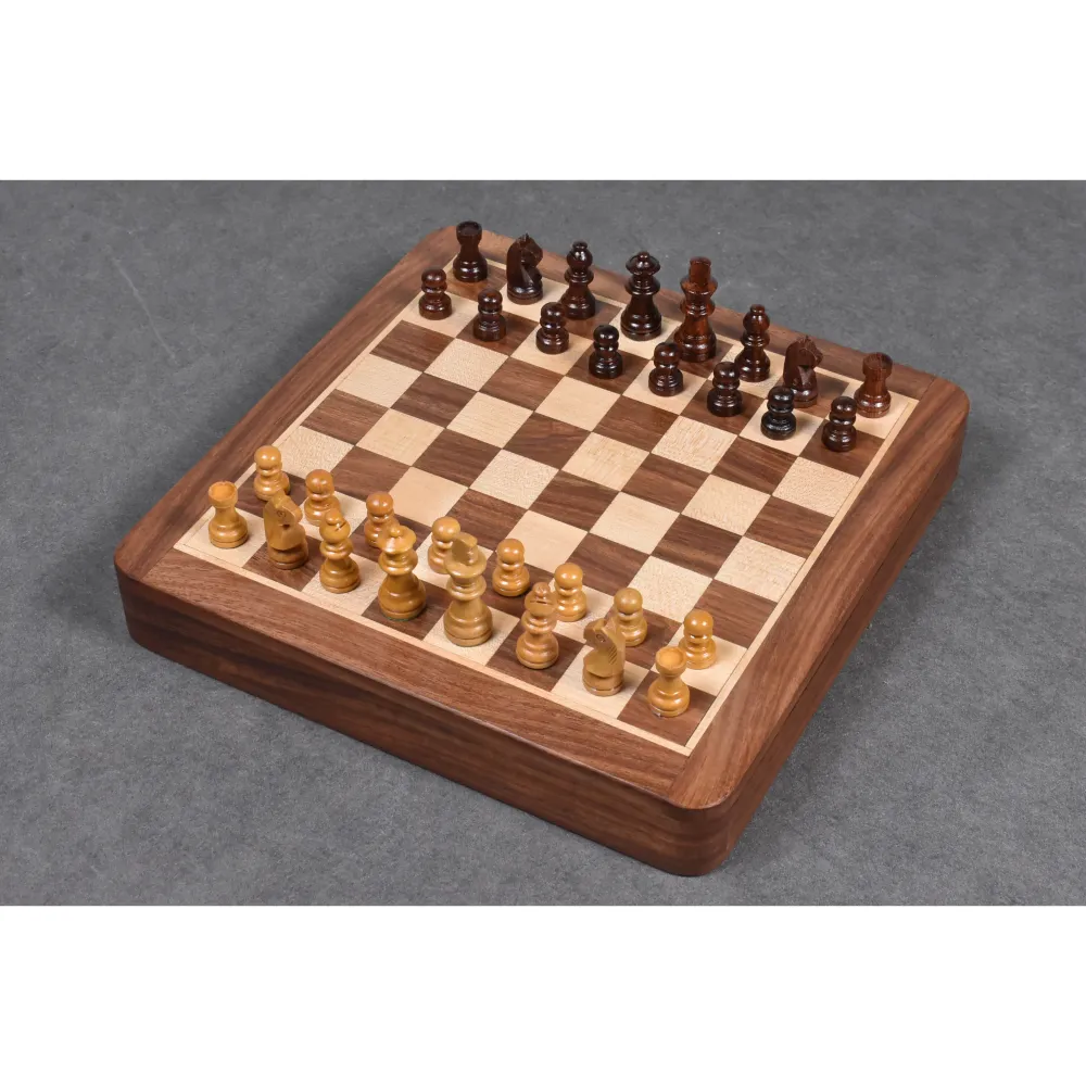 Gros jeu d'échecs de voyage 10 pouces avec tiroir - Jeu magnétique - Bois de rose doré