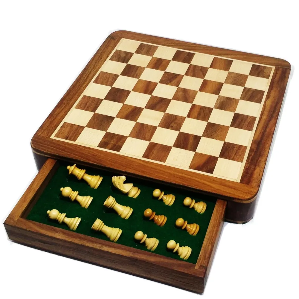 Gros jeu d'échecs de voyage 10 pouces avec tiroir - Jeu magnétique - Bois de rose doré