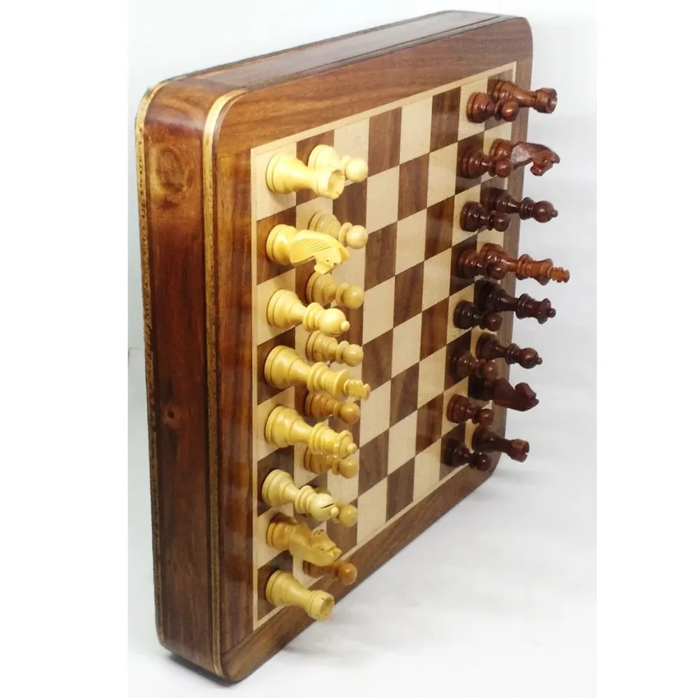 Gros jeu d'échecs de voyage 10 pouces avec tiroir - Jeu magnétique - Bois de rose doré
