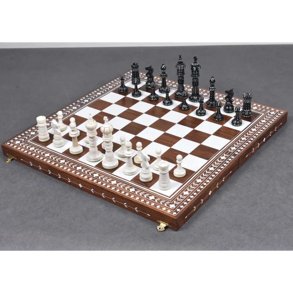 Jeu d'échecs en os de chameau sculpté à la main 4.3" British Series - Pièces d'échecs uniquement - Noir et blanc