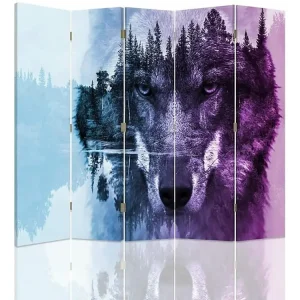 Paravent l'arrière-plan de la êt de loup violet 5 volets - 180 x 180 cm - 1 face déco, 1 face noir