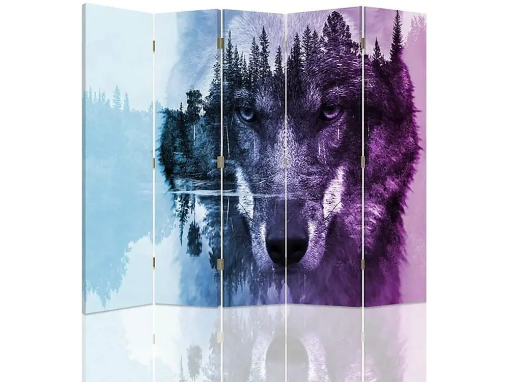 Paravent l'arrière-plan de la êt de loup violet 5 volets - 180 x 180 cm - 1 face déco, 1 face noir