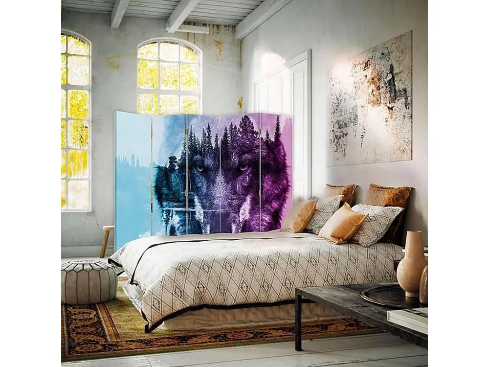 Paravent l'arrière-plan de la êt de loup violet 5 volets - 180 x 180 cm - 1 face déco, 1 face noir