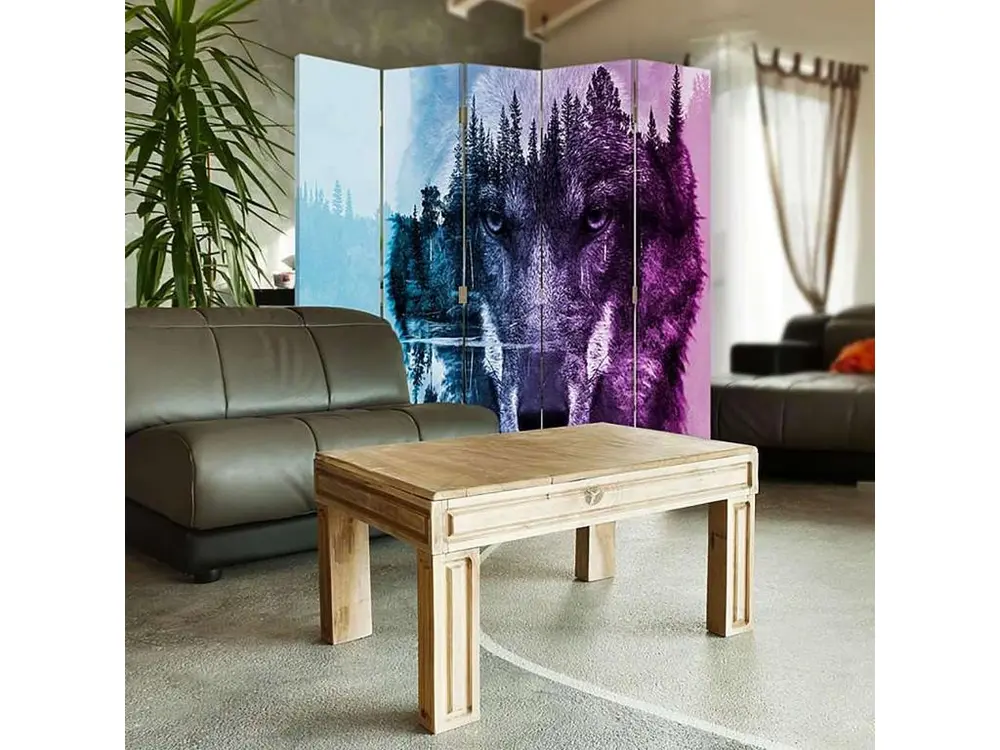 Paravent l'arrière-plan de la êt de loup violet 5 volets - 180 x 180 cm - 1 face déco, 1 face noir