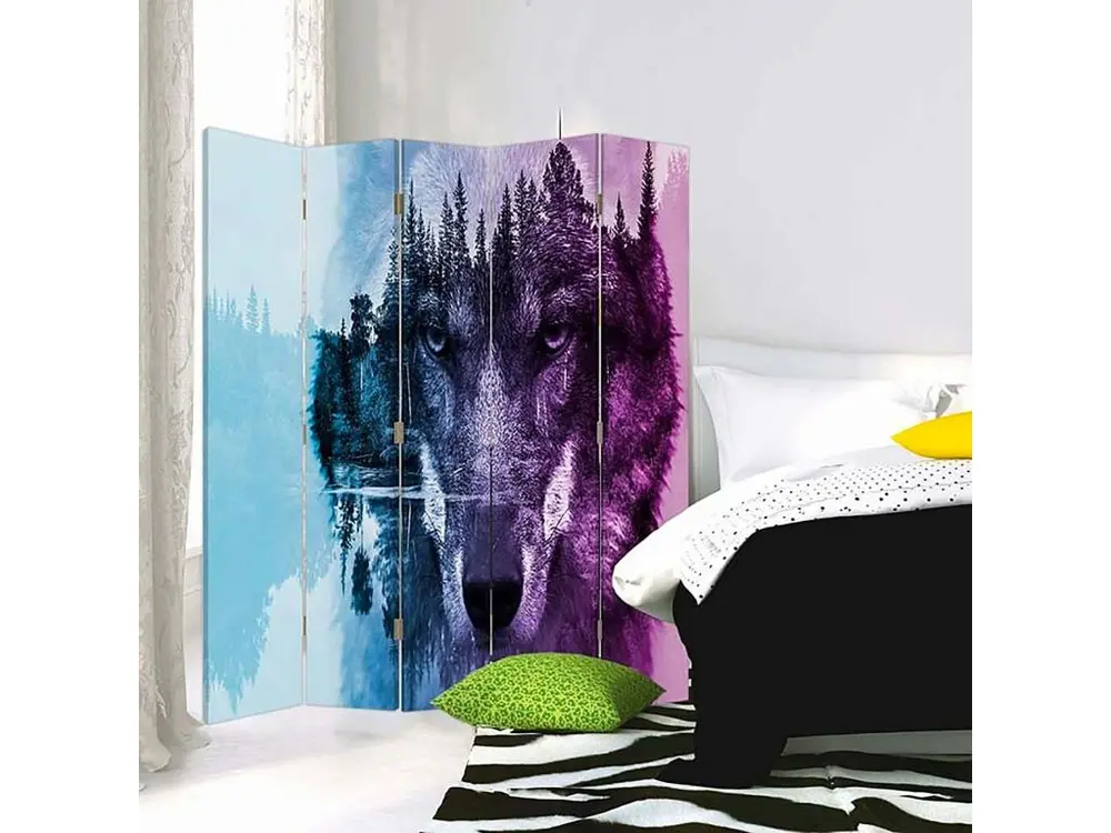 Paravent l'arrière-plan de la êt de loup violet 5 volets - 180 x 180 cm - 1 face déco, 1 face noir