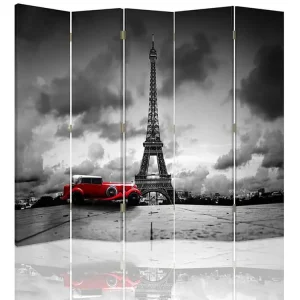 Paravent voiture rouge à paris 5 volets - 180 x 180 cm - 2 faces R° V°