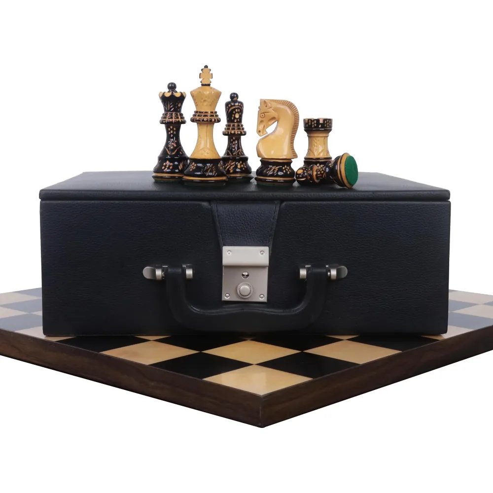 Pièces d'échecs Zagreb brûlées 3.75" sculptées par l'artisan avec échiquier sans bordure et boîte de rangement en simili cuir