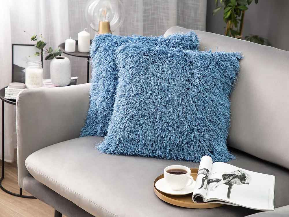 Set 2 Shaggy Cushions 45 x 45 cm Blue CIDE