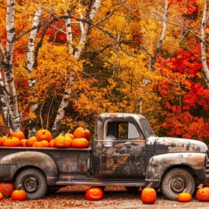 Toile de fond de êt d'érable avec camion d'époque et citrouilles d'automne BRP7-113