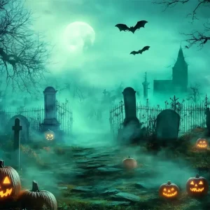 Toile De Fond Halloween Chemin Brumeux Cimetière Avec Citrouilles Lumineuses TWW58-30