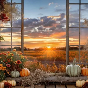 Toile de Fond de Paysage de Coucher de Soleil avec Citrouilles d'Automne RR7-151
