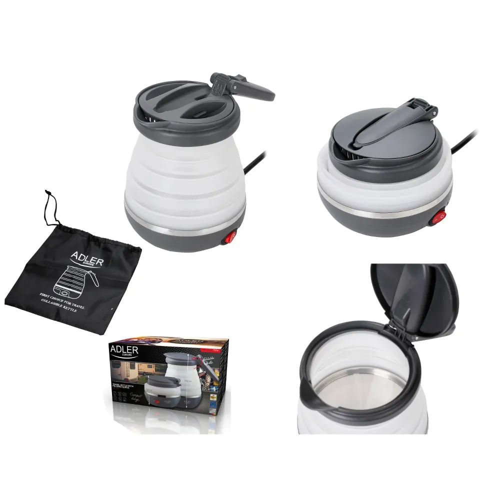 Adler AD 1370UK Pliable Travel Kettle 0.6L Storage Pouch Sillicone Folding Handle Compact Portable Camping