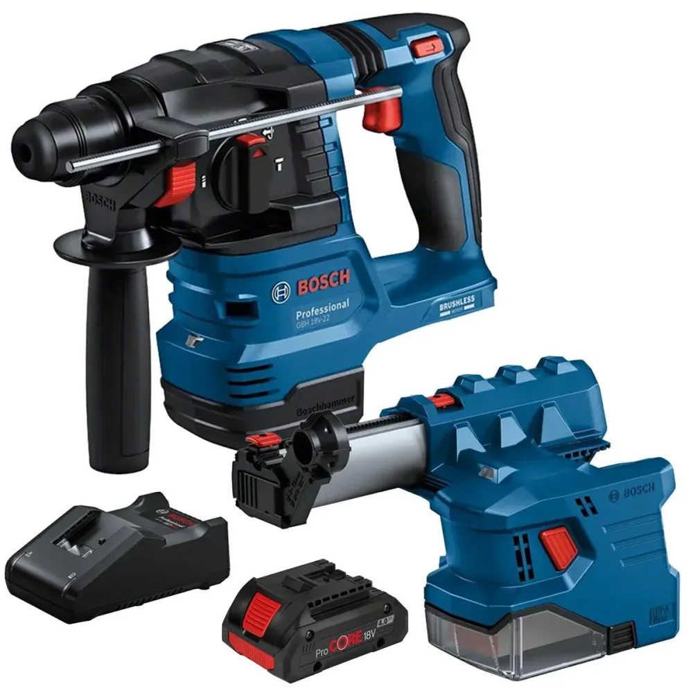 Bosch GBH 18V-22 18V Brushless SDS-Plus Rotary Hammer Drill 1 x 4.0Ah Battery, Charger & GDE 18V-12 Dust Extractor Attachment